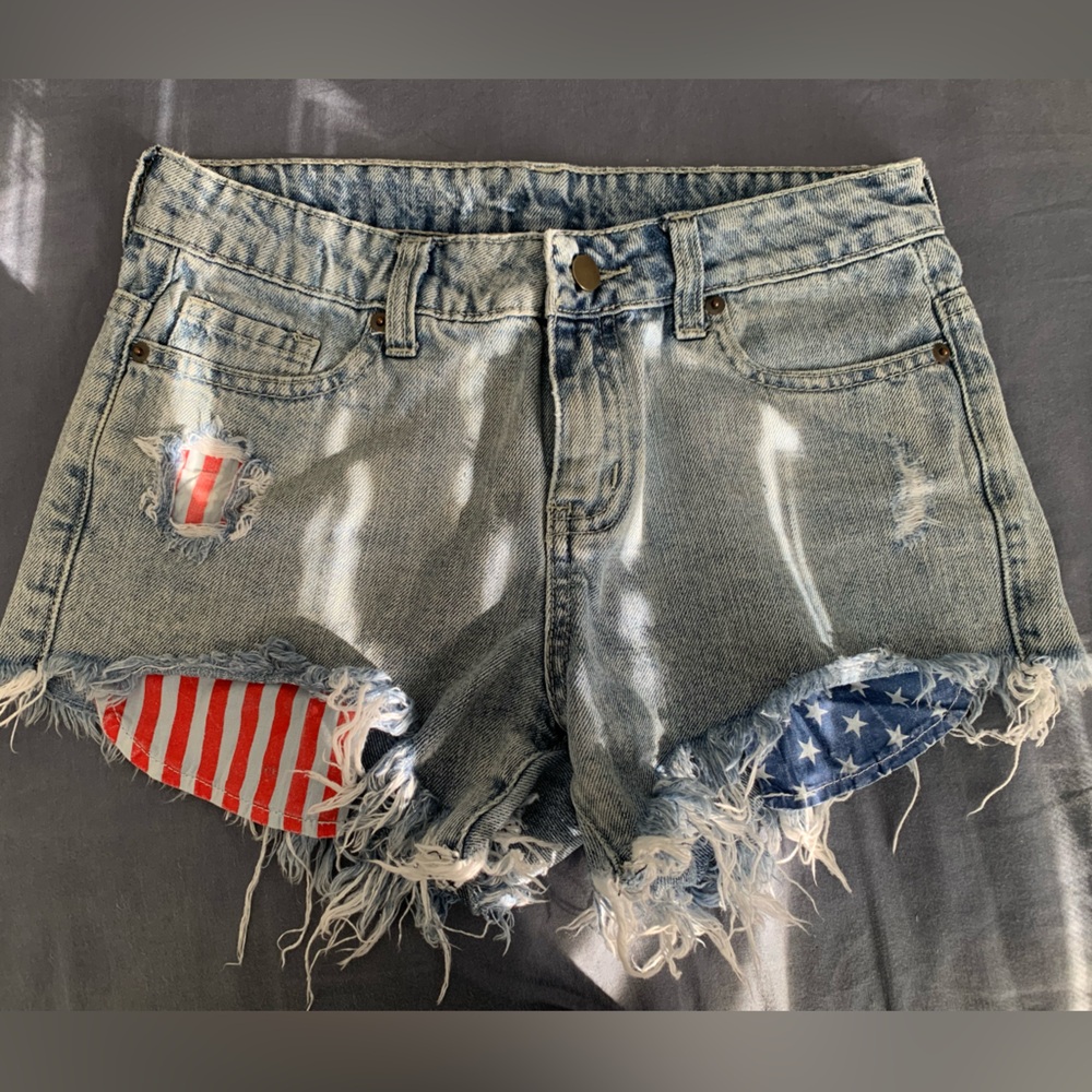 RU Apparel denim cut off shorts, red white and blue pockets, size 27 waist